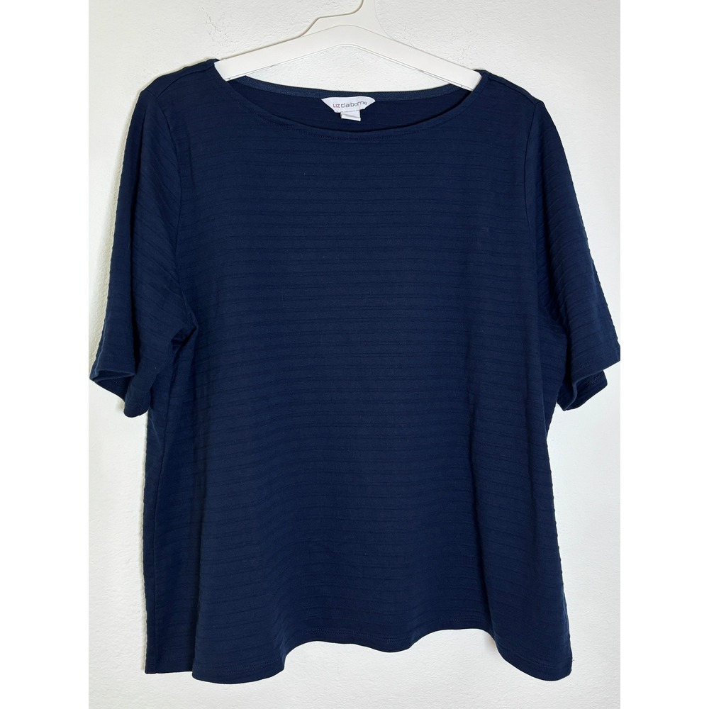 Liz Claiborne Navy Blue Ribbed Boat Neck Short Sleeve Top Plus Size 1X